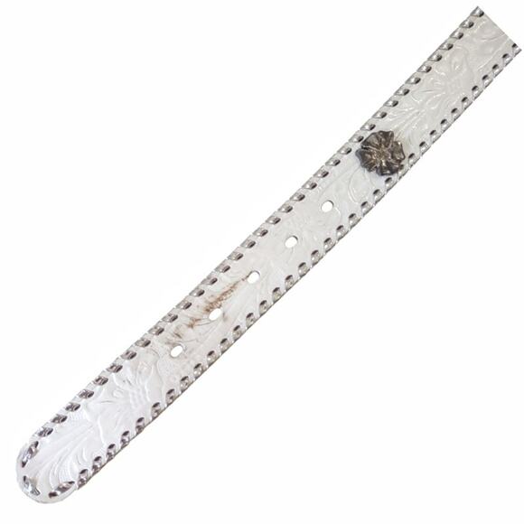 Western Tooled Leather Belt Size L Metallic Silver Braid with Flower Hardware main image 9
